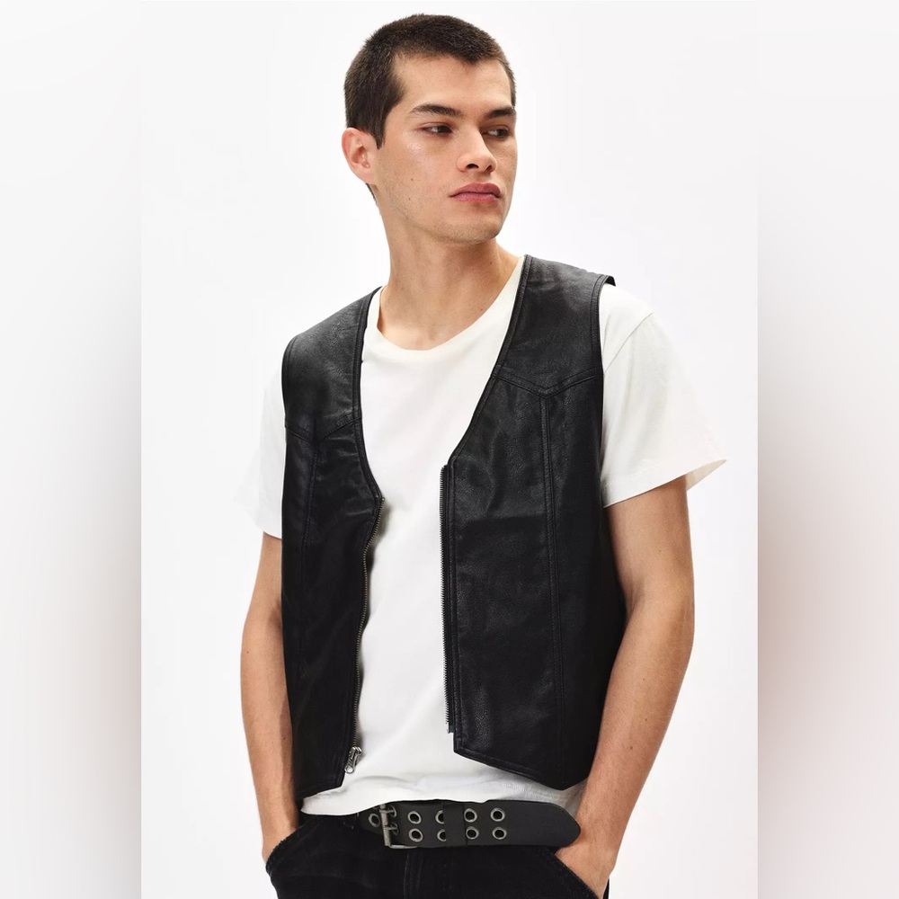 BDG Men's Faux Leather Riding Zip-Up Vest